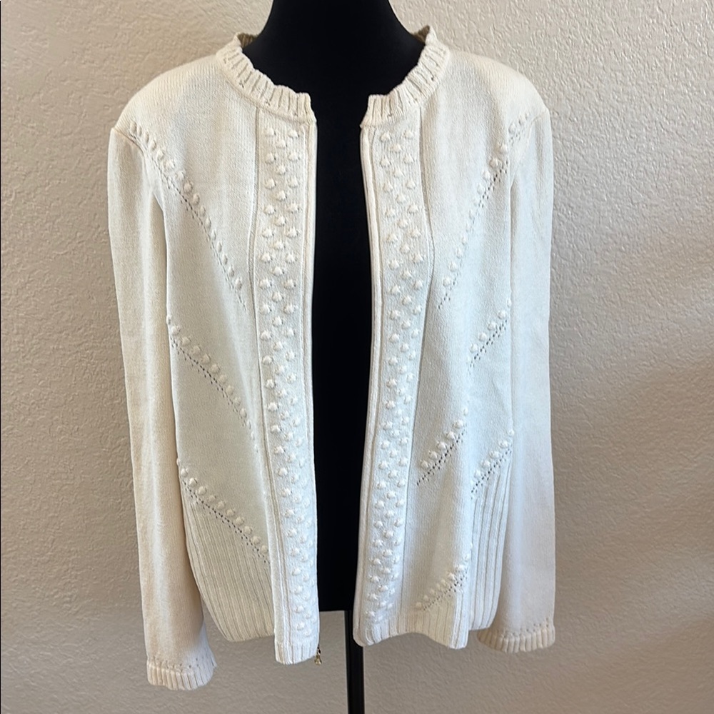 St. John Cream Zipper Wool Cardigan with Cable Knit Design - Picture 11 of 13